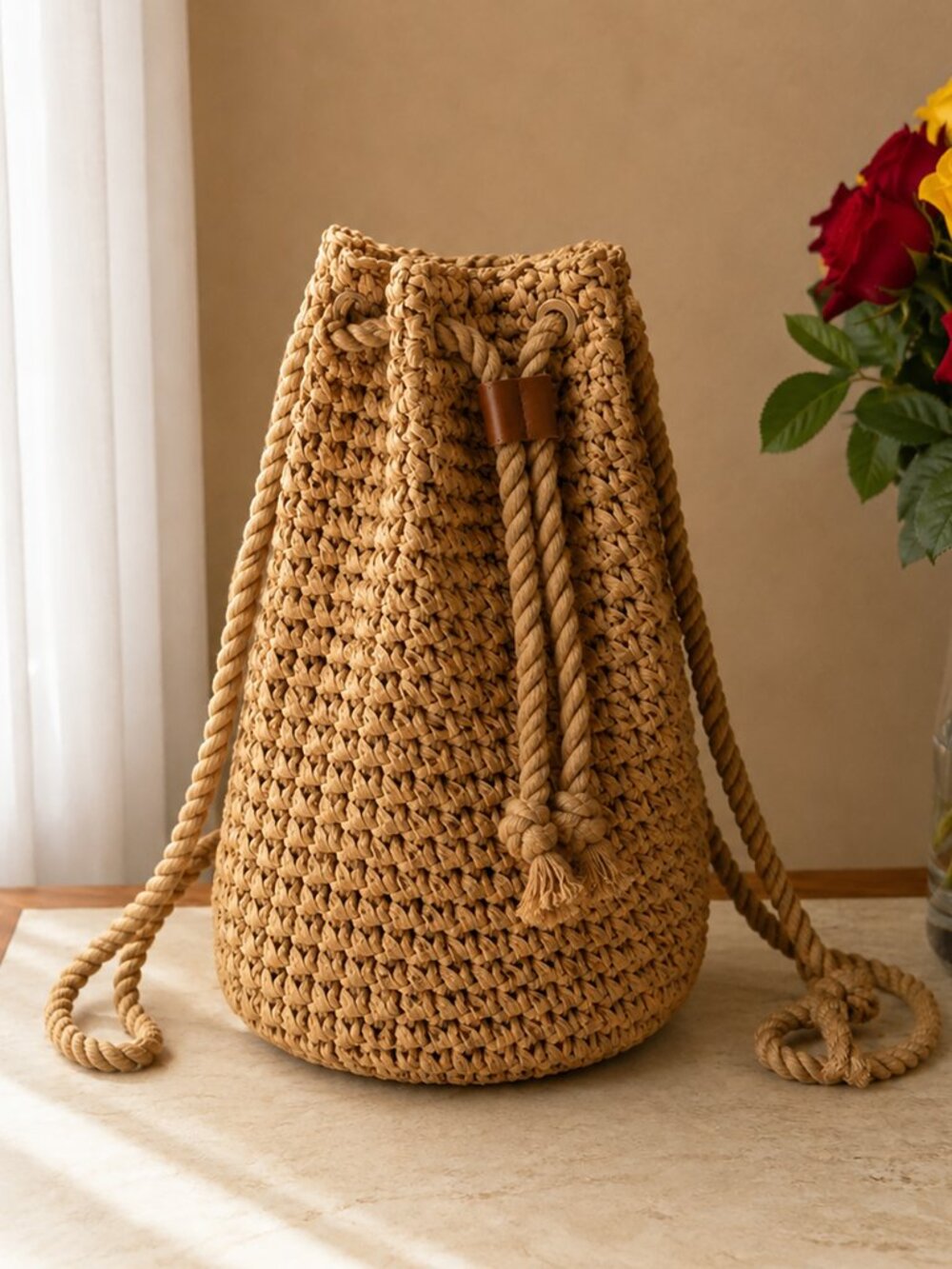 ZARA Woven Paper Raffia Backpack Bucket Bag Rope Drawstring Boho Beach Tan
